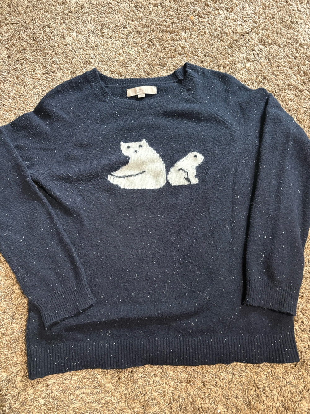 LOFT Navy Crewneck Sweater with Cream Polar Bear Motif